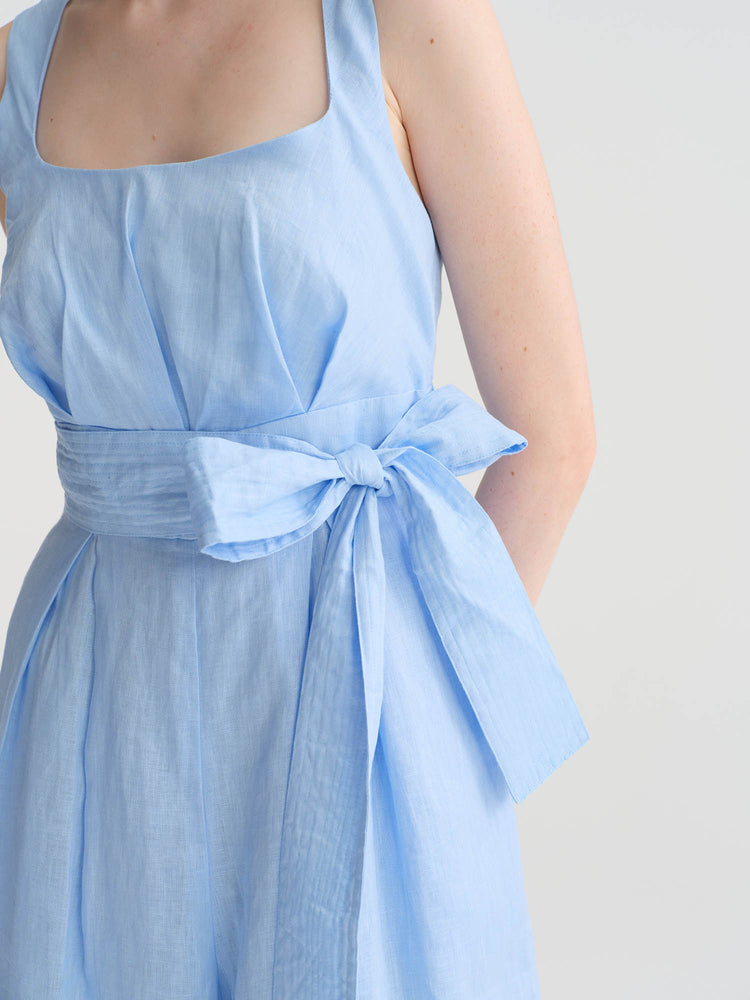 Seedan light blue/ light brownlinen sleeveless jumpsuit