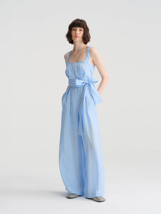 Seedan light blue/ light brownlinen sleeveless jumpsuit