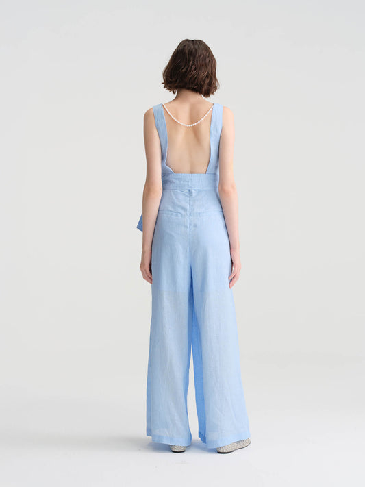 Seedan light blue/ light brownlinen sleeveless jumpsuit