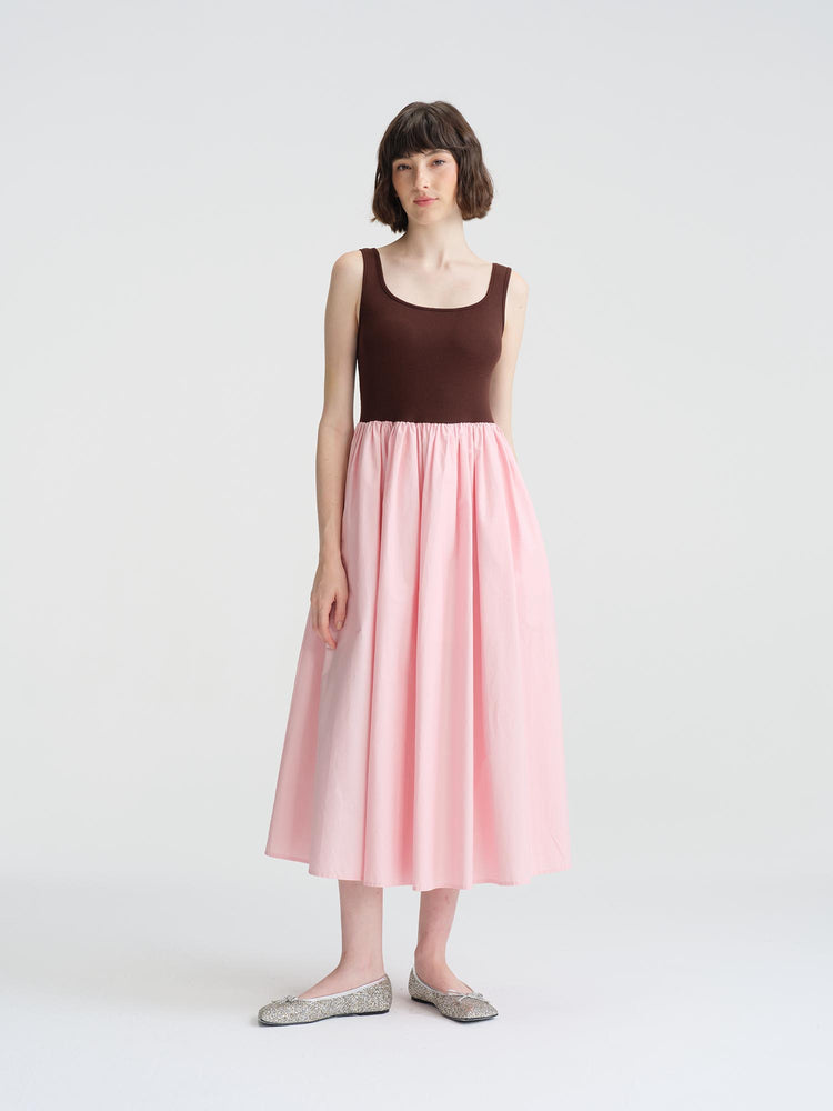 seedan brown and pink color patched dress