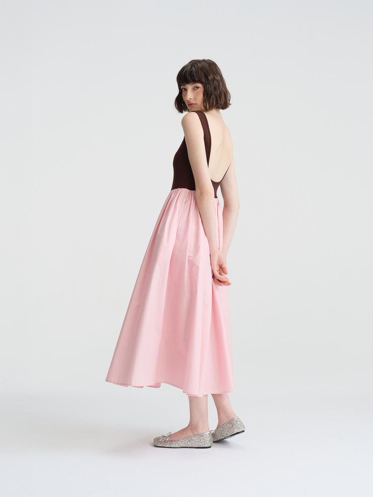 seedan brown and pink color patched dress