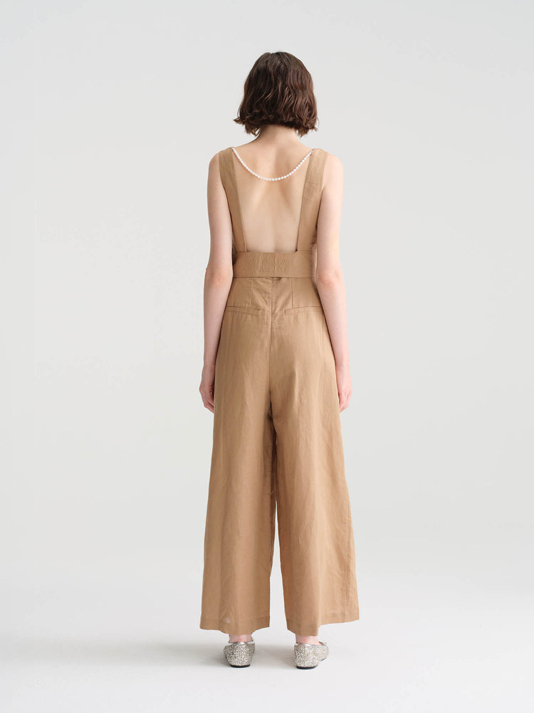 Seedan light blue/ light brownlinen sleeveless jumpsuit